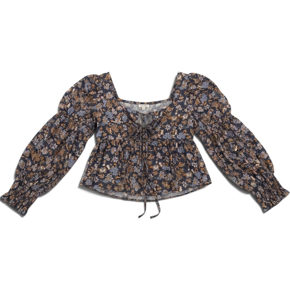 Topshop Blouse Womens 10 Floral Puff Sleeve Square Neck Navy Blue EUC